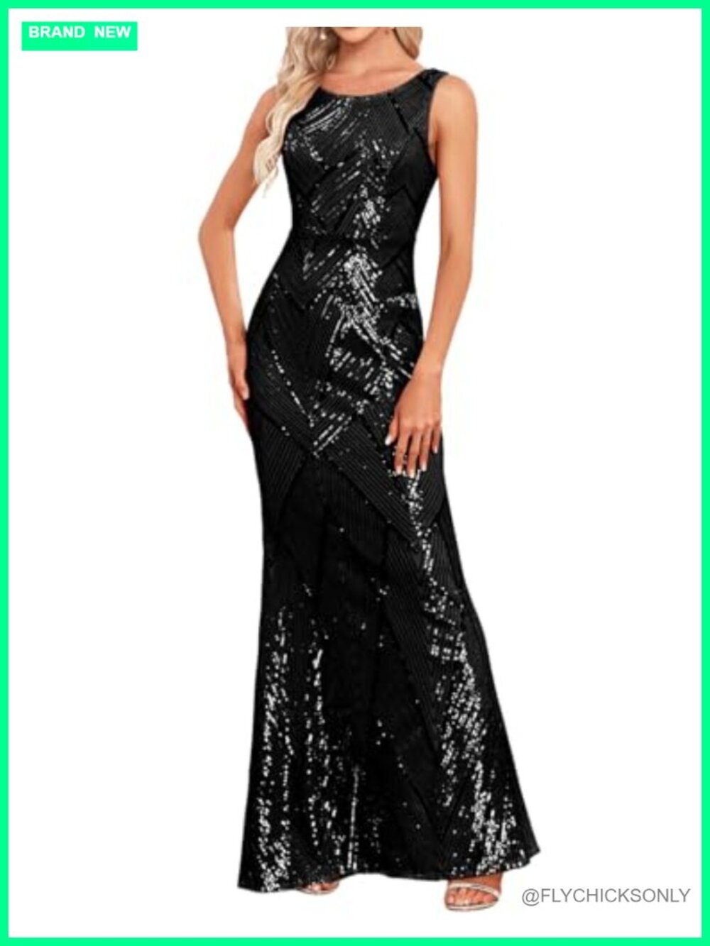 Sequin Mermaid Formal Evening Gown Boat Neck Sleeveless Bodycon Prom Dress